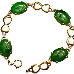 Antique Apple Green Oval Jade Cabochon 14Kt Gold Link Infinity Luck Bracelet